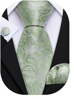 Barry.Wang Men Tie Set Paisley Sage Green Silk Necktie Pocket Square Cufflinks Formal Wedding Party Business