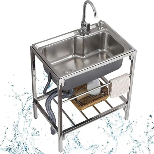 Évier utilitaire, évier de cuisine en acier inoxydable 304 à un bac avec étagères, évier de restaurant pour garage, buanderie - Lave-mains