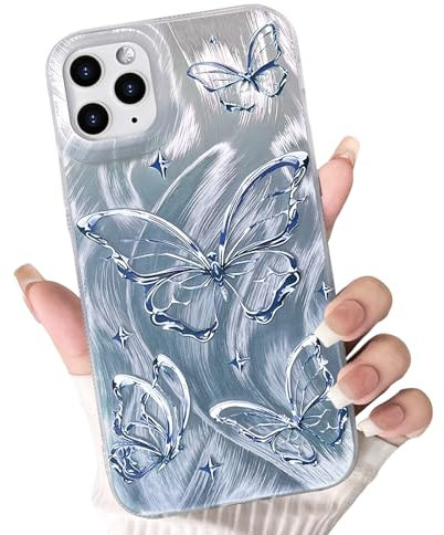 NITITOP Compatible for iPhone 11 Pro Case Cute Butterfly Pattern for Women Girl Glitter Laser Shiny Feather Yarn Style Aesthetic Shockproof Hard Protective Phone Cover - Blue