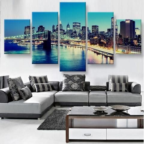 FatAco 5 Paneele Leinwand mit Rahmen Brooklyn-Brücke Bild Kunstdruck Leinwand Gemälde Wandmalerei Home Office Wohnzimmer Schlafzimmer Dekoration Ready to Hang