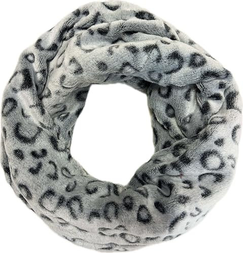 Jeamis Leopard Fleece Kuschelig Warmer Winter LOOP Schal Flauschig Schlauchschal Rundschal Pfote (Grau)
