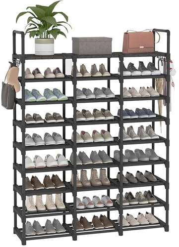 Lxvckly Metall Schuhregal 9-stöckig schmal vertikaler Schuhständer, 54 Paar Kapazität Schuhgestell Schuhablage, Schuhaufbewahrung für Stiefel Taschen Pflanzen Eingangsbereich Flur Schrank Schwarz