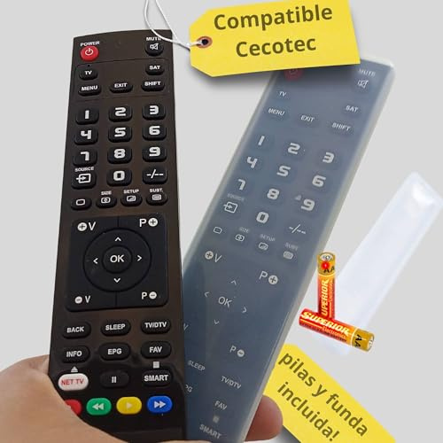 Mando TELEVISIÓN Compatible CECOTEC- Mando a Distancia TELEVISOR TV mismas Funciones CECOTEC + Pilas + Funda incluida para CECOTEC