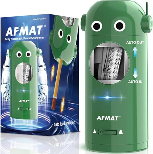 AFMAT Electric Pencil Sharpener for Colored Pencils 7-11.5mm,Auto in&Out,Robot Fully Automatic Rechargeable Pencil Sharpener with Container,for Large Pencils,Home,Classroom,Battery Operated,Green PSX5