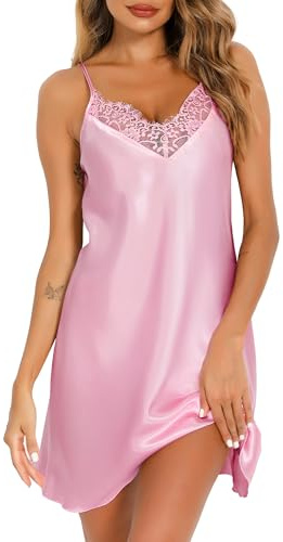 Vlazom Women Sexy Negligees Satin Silk Lace Trim V-Neck Nightdress Spaghetti Strap Chemises Full Slips Sleepwear E-Rose Pink,XXL