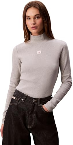 Calvin Klein Women's Long Sleeve Woven Top with Roll Neck, Grey (History Grey Heather), M