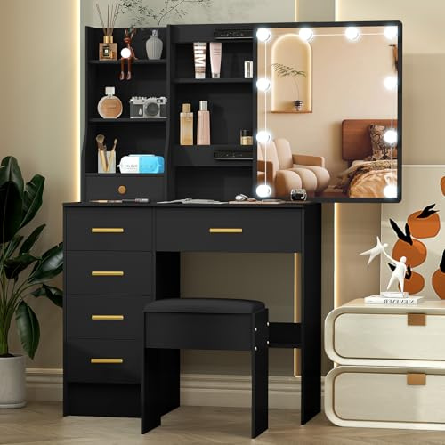 Teousev Toeletta da Trucco con Specchio Scorrevole e Sgabello, Scrivania Make Up Ampia con Luci Dimmerabili e Guida Video, Postazione Trucco con 6 Cassetti e 6 Ripiani, Nero, 36×80×131 cm, J328