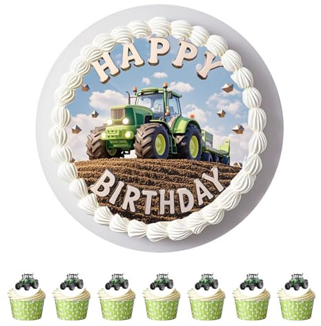 Anemowind 11 pcs Edible Cake Toppers-Tractor Birthday Cake Decorations, Rice Paper Cupcake Decos for Tractor Party, Kids Birthday Cake Decor