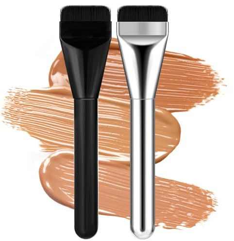 2 Pcs Flat Foundation Brush Tapping Korean Spatula Top Facial Brushes for Liquid Foundations Mask Premium Face Brushes for Blending Cream (Black Silver)