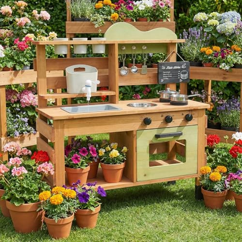 WoodenFun Cocina de juego para exteriores, cocina de jardín, cocina de barro para niños, con pizarra, hervidor de agua, fregadero, recipiente para plantas de madera, cocina infantil (verde)