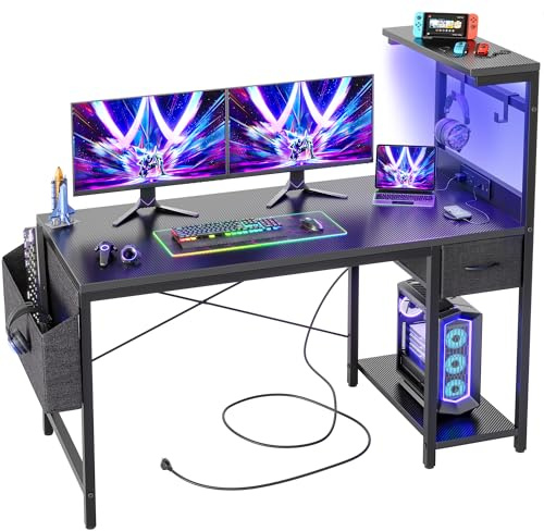 BEXEVUE LED Schreibtisch 120x50 cm mit Steckdosen, umklappbarer Gamer-Computer Tisch mit Schublade, Seitentasche und Beutel, großer Stauraum, Arbeitsstation mit 2 Haken für Homeoffice