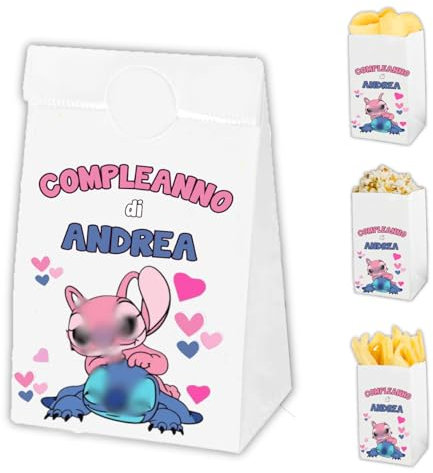 Auguriando 25 Sacchettini Compleanno Bambini Personalizzati Sacchetti Dopo Festa Regalo Personaggi Sacchetto Carta Regali dopofesta Caramelle Alimenti (Stich)