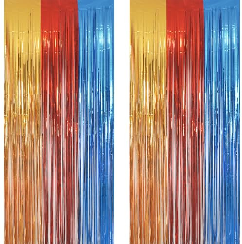 Gold Red Blue Tinsel Curtains Party Streamers Backdrop - GREATRIL Metallic Foil Fringe Curtain Party Photo Backdrop for Birthday/Carnival/Mexican/Fiesta/Graduation/Halloween/Christmas/New Year