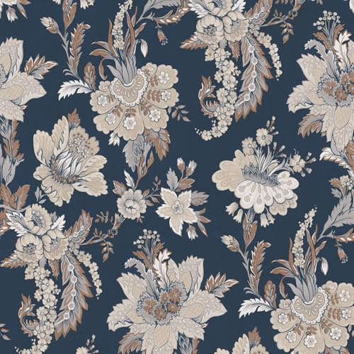 SOPHIE LAURENCE Navy Floral Wallpaper Grey Brown Damask Pattern Smooth Finish Feature Bedroom