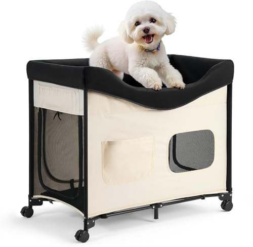 VEVOR Elevated Lounge Pet Bed, Foldable Bunk Dog Bed with 600D Oxford Cloth and Dutch Velvet, Portable Raised Cot with Wheels, Side Storage Bags, and Carry Bag for Cats & Dogs, XL, Beige