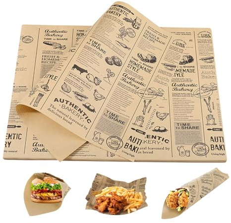QinOustore 100 fogli di carta 38 x 28 cm – carta da forno – fogli di carta oleata – carta hamburger – carta da forno – carta per hamburger, panini, patatine fritte, torte