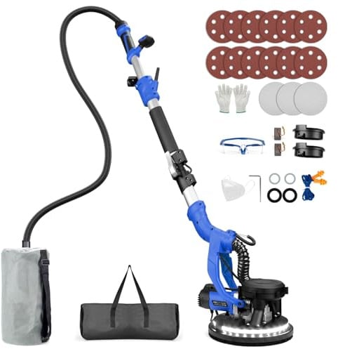 Protmex Levigatrice per Cartongesso - Levigatrice da Parete 1000W con Raccolta di Polvere Sottovuoto e Luce LED 6 Velocità 800-2200RPM 15 Dischi Abrasivi Macchina Levigatrice Elettrica Pieghevole