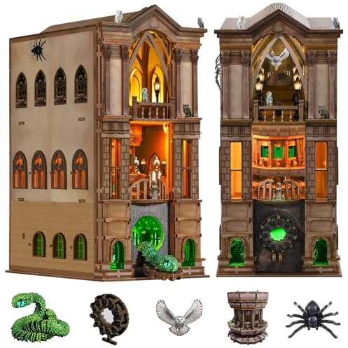 NookMaster Book Nook Kit mit LED | 3D Holzpuzzle Fantasy Bücherregal Deko | Magische Akademie, 3D ohne Brille, LED, 351 Teile, Staubschutz, Buchstütze, Geschenk für Erwachsene