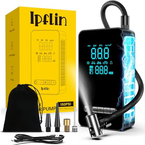 Compressore Aria Portatile 150PSI – Gonfiatore Elettrico Tutto-in-Uno con Display LCD, USB & Type-C per Auto, Moto, Bici, Palla