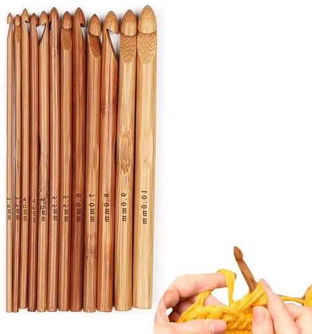 12-Piece Bamboo Crochet Hooks Set, 3-10 mm, 15 cm Single-Ended | Carbonised bamboo, 12 sizes from 3-10 mm; lightweight single-ended hooks for crochet and yarn craft projects.