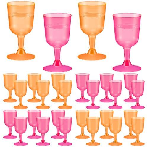 Remerry 24 Pcs Orange Pink Party Plastic Wine Glasses 5 oz Goblets with Stem Hot Pink Orange Unbreakable Drinking Glasses Drinkware Cup for Valentines Day Wedding Birthday Baby Shower Party Supplies