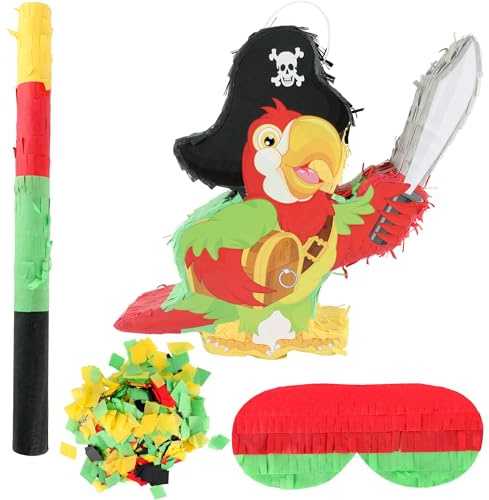 Piraten-Papagei-Piñata aus Papier mit tropischem Vogelmotiv, inklusive Schlagstock und Konfetti für Augenbinde, ideal für Luau-, Hawaii-, Sommer- und Piraten-Geburtstagsfeiern