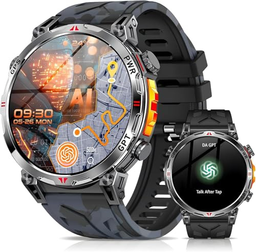 Orologio Smartwatch Uomo Militare 1.56 HD, con GPS/Assistente GPT/Bussola | Chiamate Bluetooth, AI Orologio/Monitoraggio del sonno/Pulsometro, 3ATM impermeabile, per iOS/Android, 100+ Modalità Sportive