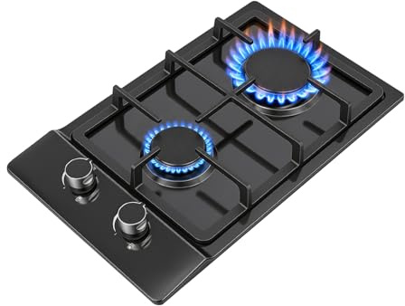 Piano cottura a gas a 2 fuochi con bruciatori da 3 kW e 1,75 kW, per GPL/gas naturale, 51 x 31 cm, in acciaio inox, piano cottura a gas portatile con riduttore di pressione e tubo da 1,5 m, fornello a