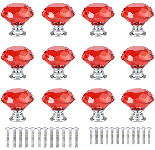 anjuu 12 PCS 30 mm Diamant Form Kristall Glas Möbelknopf mit Schrauben Schublade Knopf Pull Griff verwendet für Küche, Kommode, Tür, Schrank rot