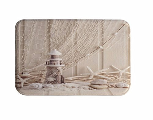 A.Monamour Badematten Badteppiche Badvorleger Beige Angeln Netz Starfish Holz Leuchtturm Nautisch Themen Bild Flanell Anti-Rutsch Bad Teppiche Boden Matten Fußmatten Für Küche Schlafzimmer