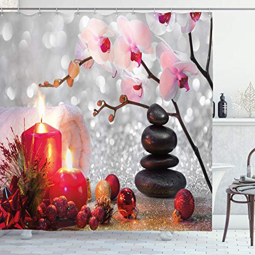 ABAKUHAUS Weihnachten Duschvorhang, Winter Orchid Stein, Stoffliches Gewebe Badezimmerdekorationsset mit Haken, 175 x 200 cm, Schwarz Weiß Rosa