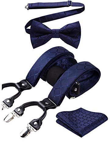HISDERN Navy blau Hosenträger und Fliege Set für Herren Einstecktuch Y Style hosenträger Plaid mit 6 Starken Clips Einstellbar für Anzug