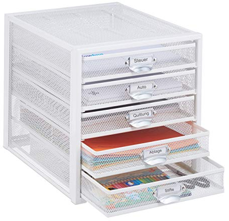 Relaxdays Caja Organizadora, 5 Cajones, Organizador de Escritorio, con Rótulos, Rejilla, 29x27,5x35,5 cm, Acero, Blanco
