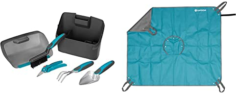 Gardena City Gardening Balkon-Box: Kunststoffbox mit integrierter Kehrschaufel und 4-teiligem Garten-Set & City Gardening Pflanzmatte M: Arbeitsunterlage für Pflanzarbeiten/Umtopfarbeiten, 100x120cm