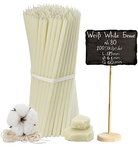 №80-100 candele di cera d'api bianche: candele tradizionali a stelo e per uso domestico, candele rituali e candele di cera colorate, un set per rituali L-18,5 cm Ø-6,1 mm, tempo di combustione 60