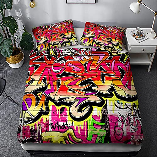 Timiany Mikrofaser Bettwäsche Set,Graffiti Mega Coole Bunte Jugendzimmer Bettbezug, NYC Street Art Design Mit Reißverschluss 135x200cm+80x80cm (Graffiti-E,135x200+80x80)