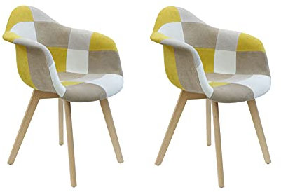 HOME DECO FACTORY Set mit 2 Sesseln Patchwork Scandivave, Buche/Polyester/Polypropylen, 59cm x 64.5cm x 85cm, Gelb/Grau/Mehrfarbig