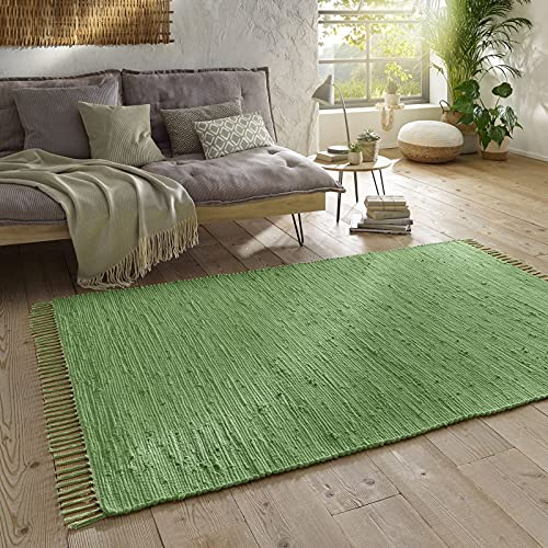 Taracarpet Handwebteppich Läufer Fleckerl Teppich Uni waschbar aus Baumwolle für Wohnzimmer und Küchenteppich 060x120 cm grün