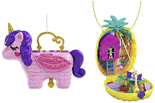 Polly Pocket GVL88 Einhorn-Party Spielset, Polly und Lila Puppe und über 25 Überraschungen & GKJ64 - Ananas Tasche, tragbare Schatulle mit Zubehörteilen, Spielzeug ab 4 Jahren