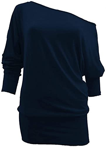 Crazy Girls Womens Long Sleeve One Off-Shoulder Plain Baggy Batwing Top UK8-24, Navy, 2XL (UK 20-22)