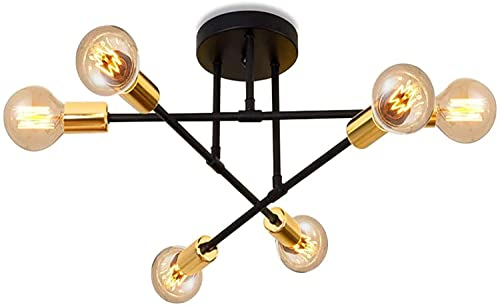 wenppran Leuchter Retro ein Sputnik Schlafzimmer Halb versenkt Industriell Deckenleuchte Metall E27 Modern schwarz 6 Lichter Einplattieren Deckenleuchte zum Wohnzimmer Schlafzimmer