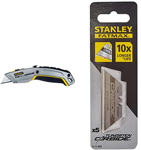Stanley Fatmax 2 in 1 Messer PRO 0-10-798 (mit einziehbarer Klinge, 180 mm Länge, vielseitige Einsatzmöglichkeiten durch zwei Klingen) & FatMax Carbide Trapezklingen Pro 0-11-800 (5 Stück)