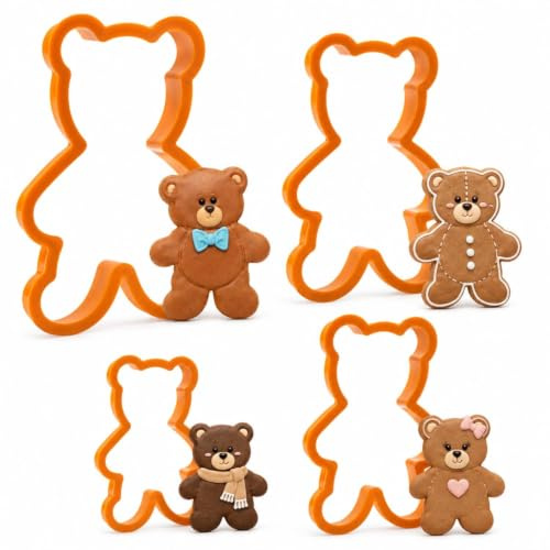 Teddy Bear Cookie Cutters, 4-Piece Plastic Biscuit Mould Set | Four sizes for teddy bear biscuits, fondant, sandwiches and party baking