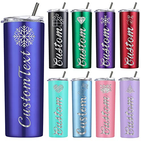 Vasos ajustados personalizados de 20 onzas, regalo para Navidad, vasos de acero inoxidable personalizados con tapas y pajitas, grabado láser gratis, 16 iconos, 13 colores, 20 fuentes, azul oscuro
