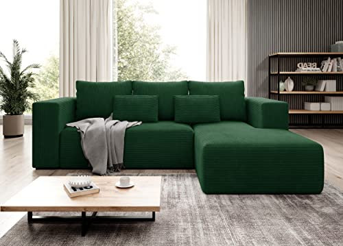 Moderno Ecksofa mit Schlaffunktion und Bettkasten Stripes - Sofa mit 3 Sitzer und Robuste überzug - Schlafcouch L-Form - Modern Couch Cord - 255x73x161 cm - Rechts Flaschengrün