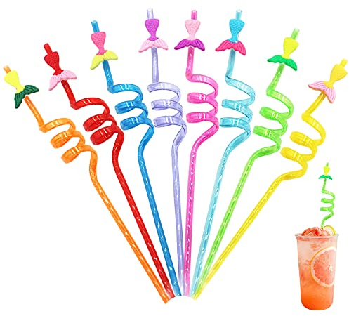 12 pièces queue de sirène Pailles en plastique pour boire + 4 Tatouages temporaires + 1 Brosse de nettoyage, Pailles réutilisables pour fêtes d'anniversaire