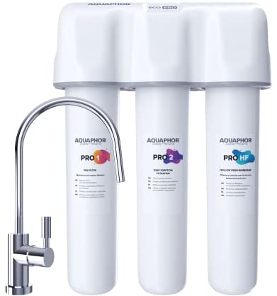 AQUAPHOR ECO PRO TRIO Aktivkohle Trinkwasserfilter mit 1 Wege Wasserhahn Kohleblock und Ultrafiltration Keimsperre bis 0,1 Mikrometer