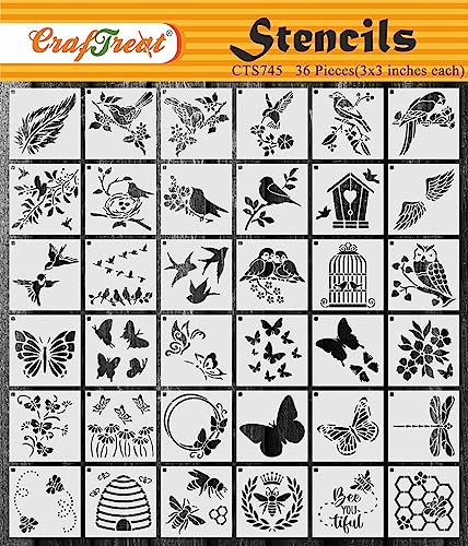 CrafTreat Vögel, Schmetterlinge, Bienen-Set (36 Stück), 3x3 Schablonen zum Malen auf Holz, Wand, Fliesen, Leinwand, Papier, Stoff und Bodenschablone, wiederverwendbare DIY-Kunsthandwerksschablonen