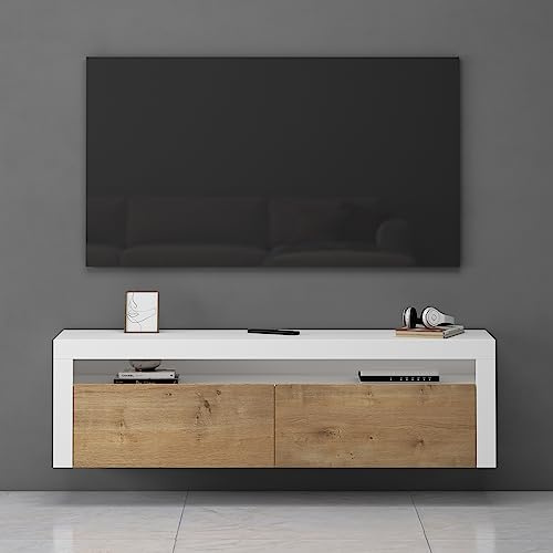 Mai & Mai Fernsehschrank TV Schrank Lowboard Hängeschrank 2 Türen mit Soft-Close Fernsehtisch für Wohnzimmer in matt Weiß + Kerneiche BTH: 160x40x46 cm Fernsehschrank01