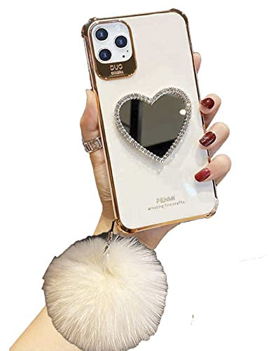 Anloes for Makeup Mirror Phone Case Luxurious Bling Heart-Shaped Frame Hairball Case, Girly Cute Bling Shining Protective Case for iPhone (iPhone 14 pro max, White)